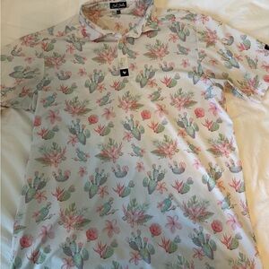 Bad Birdie Tropical Floral Polo Shirt - Cream and Pink